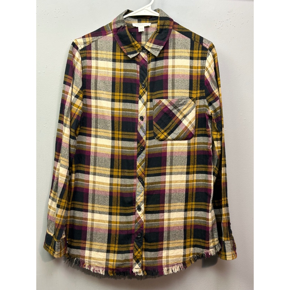 Beachlunchlounge‎ Plaid Flannel Shirt Women's XS Fringed Hem Casual Top